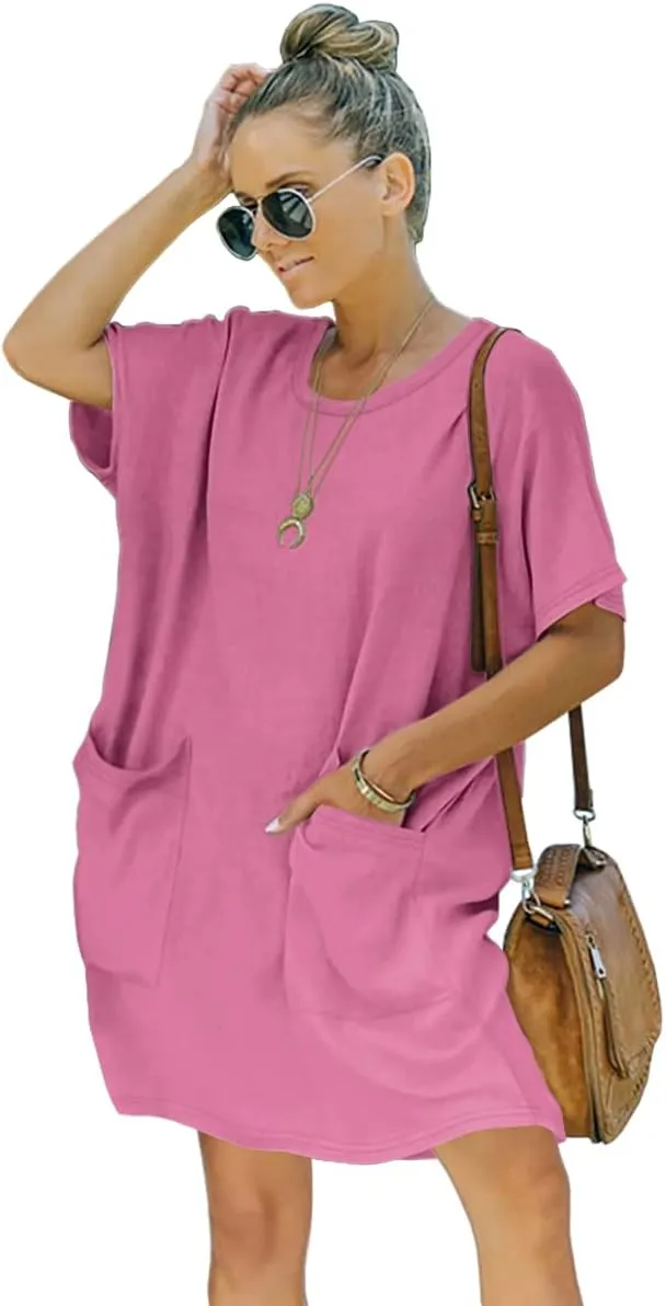 Women’s Casual Summer T Shirt Dress Elastic Loose Short Sleeve Dress with Pocket for Women