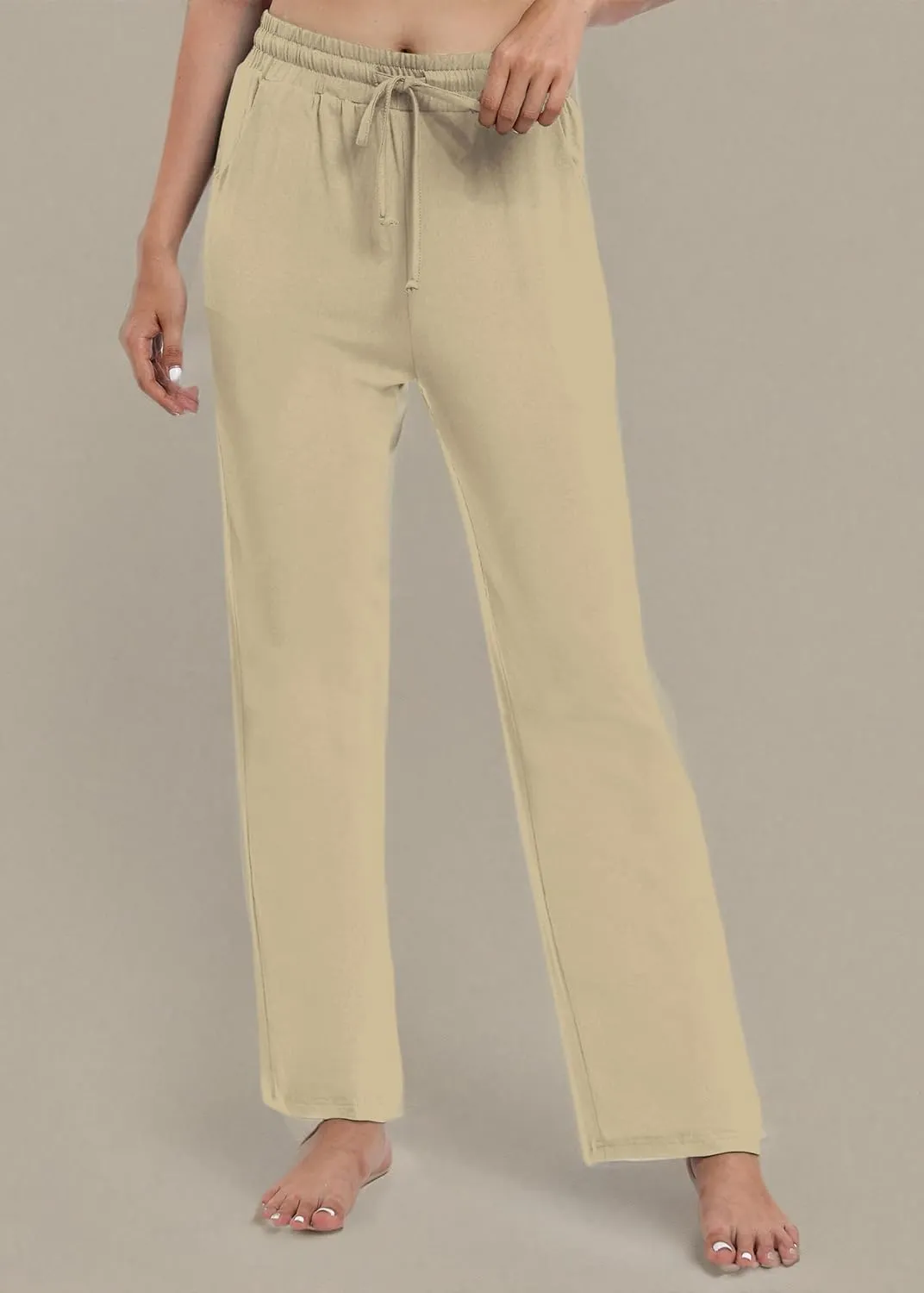 Women's Drawstring Casual Pants Stretchy High Waisted Loose Straight Leg Pants Jogger Trousers with Pockets