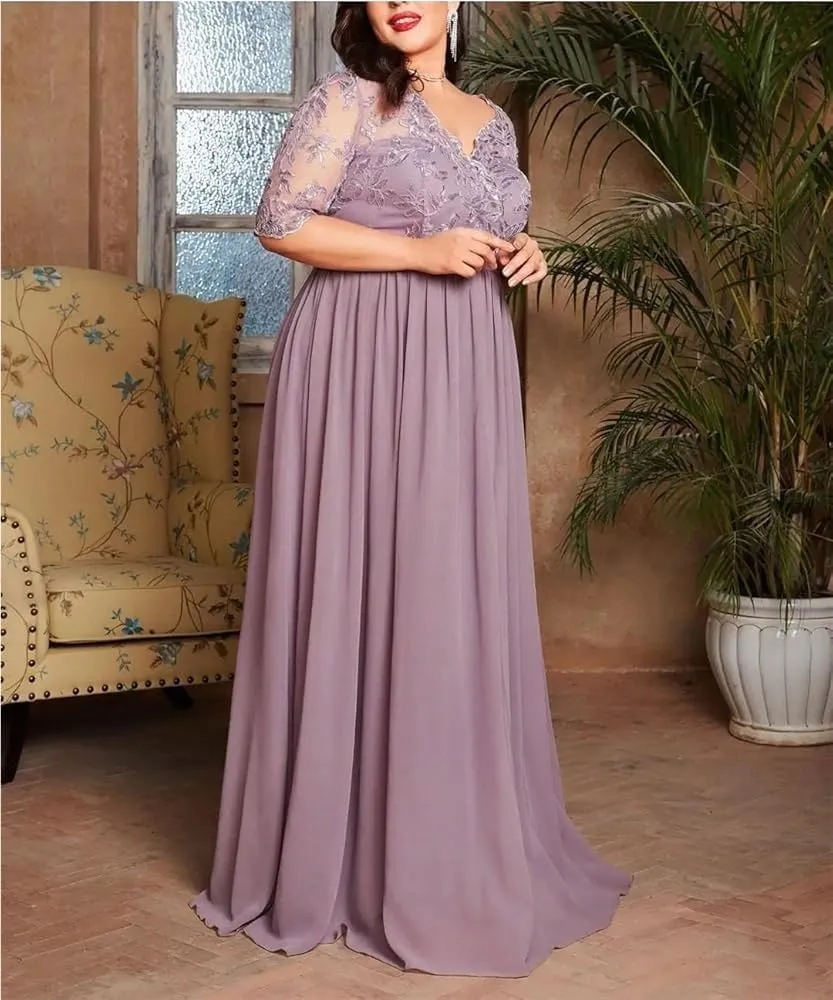 Women's Elegant Cocktail Dress with Lace V-Neck Lace Patchwork Embroidery Dress Chiffon Irregular Hem Dress(Large)