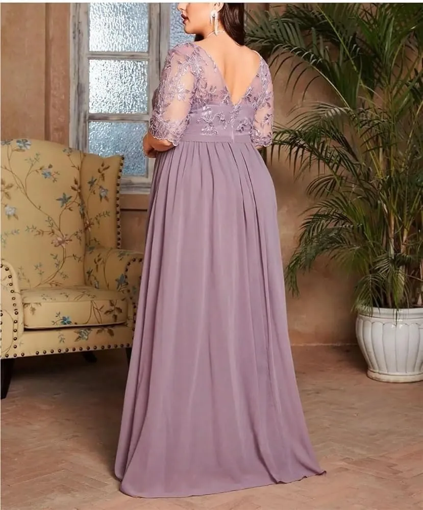 Women's Elegant Cocktail Dress with Lace V-Neck Lace Patchwork Embroidery Dress Chiffon Irregular Hem Dress(Large)