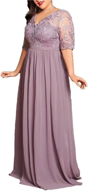 Women's Elegant Cocktail Dress with Lace V-Neck Lace Patchwork Embroidery Dress Chiffon Irregular Hem Dress(Large)