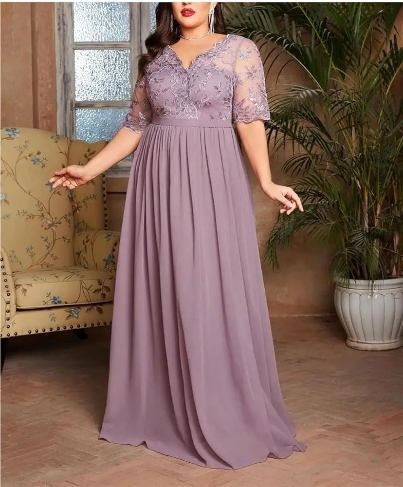 Women's Elegant Cocktail Dress with Lace V-Neck Lace Patchwork Embroidery Dress Chiffon Irregular Hem Dress(Large)