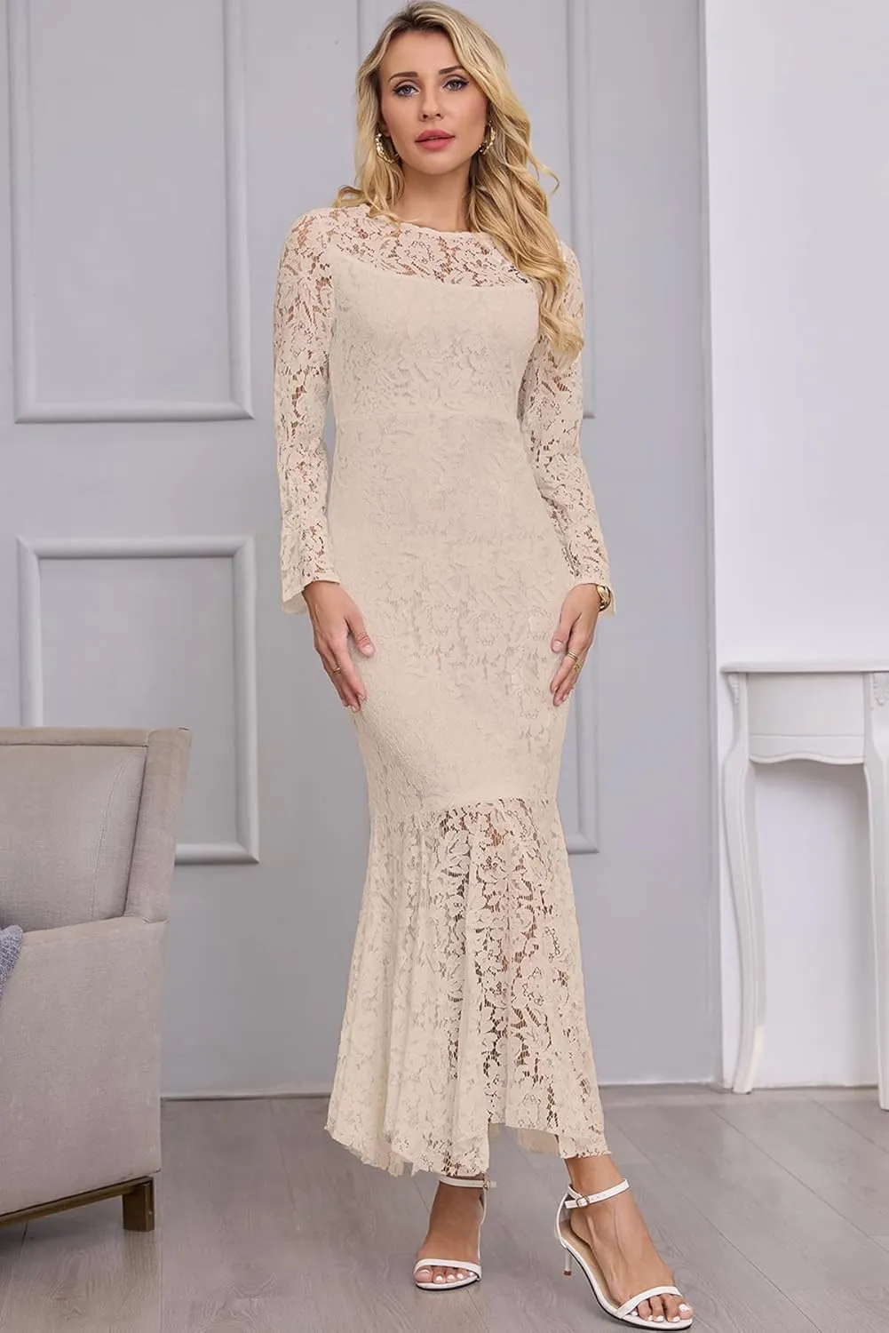 Women's Fall Winter Long Sleeve Floral Lace Mermaid Maxi Dress Elegant Wedding Guest Party Long Dresses Formal Evening Gowns