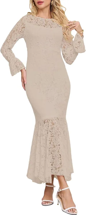 Women's Fall Winter Long Sleeve Floral Lace Mermaid Maxi Dress Elegant Wedding Guest Party Long Dresses Formal Evening Gowns