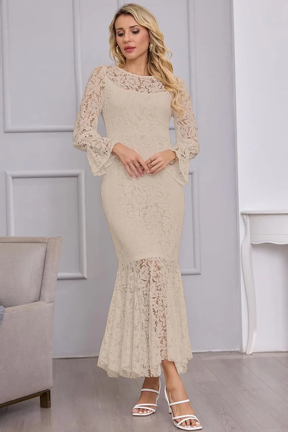 Women's Fall Winter Long Sleeve Floral Lace Mermaid Maxi Dress Elegant Wedding Guest Party Long Dresses Formal Evening Gowns