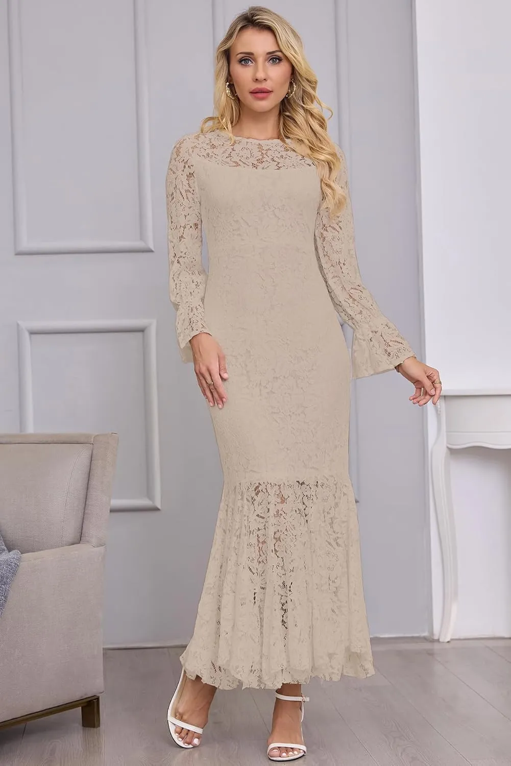 Women's Fall Winter Long Sleeve Floral Lace Mermaid Maxi Dress Elegant Wedding Guest Party Long Dresses Formal Evening Gowns