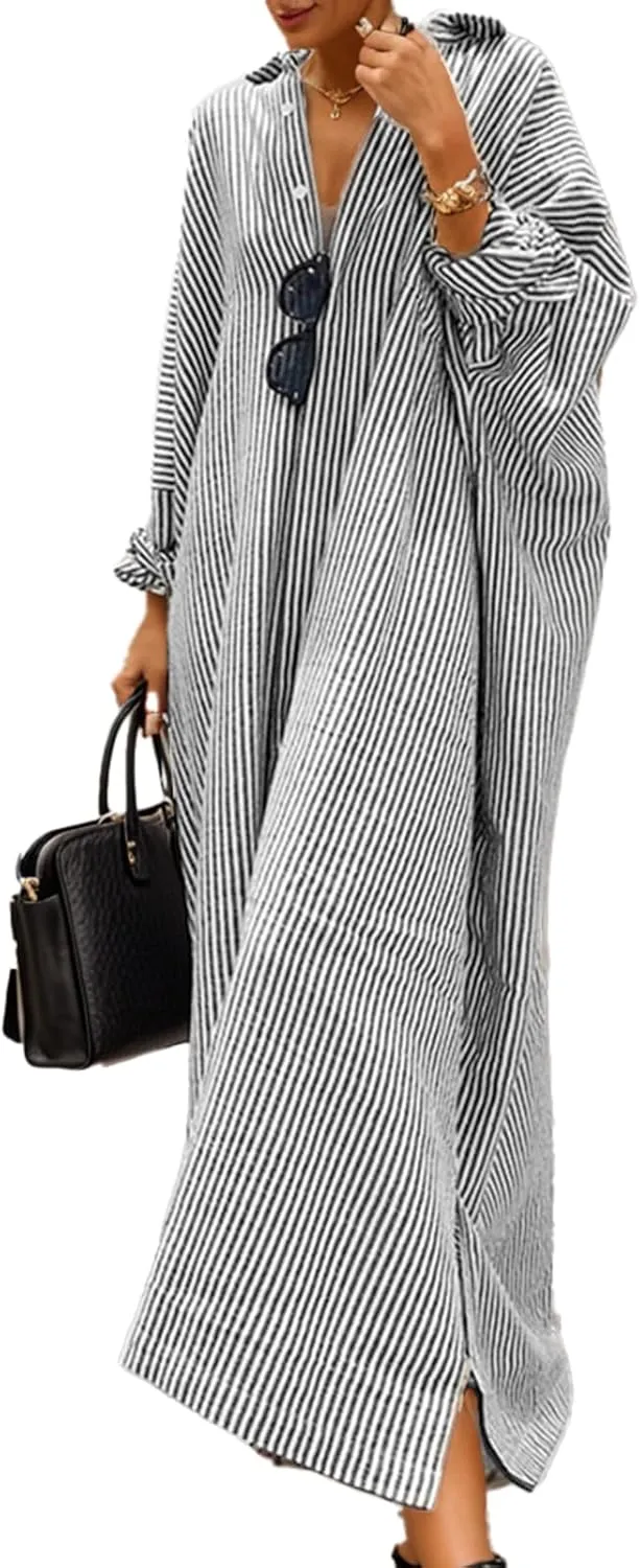 Womens Linen Maxi Dress Striped Button Down Shirt Dresses Casual Oversized Loose Fit Shirt Beach Vacation Dresses