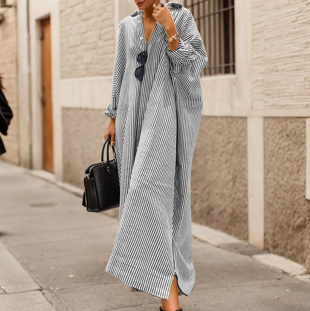 Womens Linen Maxi Dress Striped Button Down Shirt Dresses Casual Oversized Loose Fit Shirt Beach Vacation Dresses