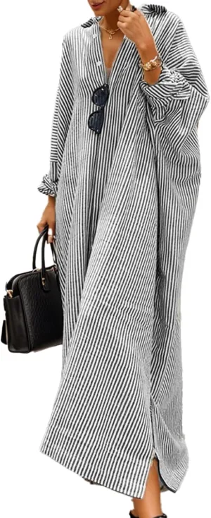 Womens Linen Maxi Dress Striped Button Down Shirt Dresses Casual Oversized Loose Fit Shirt Beach Vacation Dresses