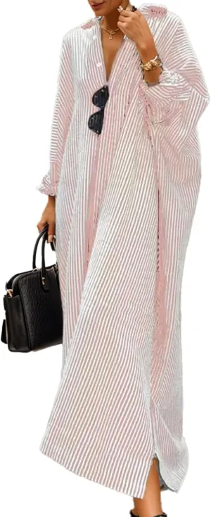 Womens Linen Maxi Dress Striped Button Down Shirt Dresses Casual Oversized Loose Fit Shirt Beach Vacation Dresses