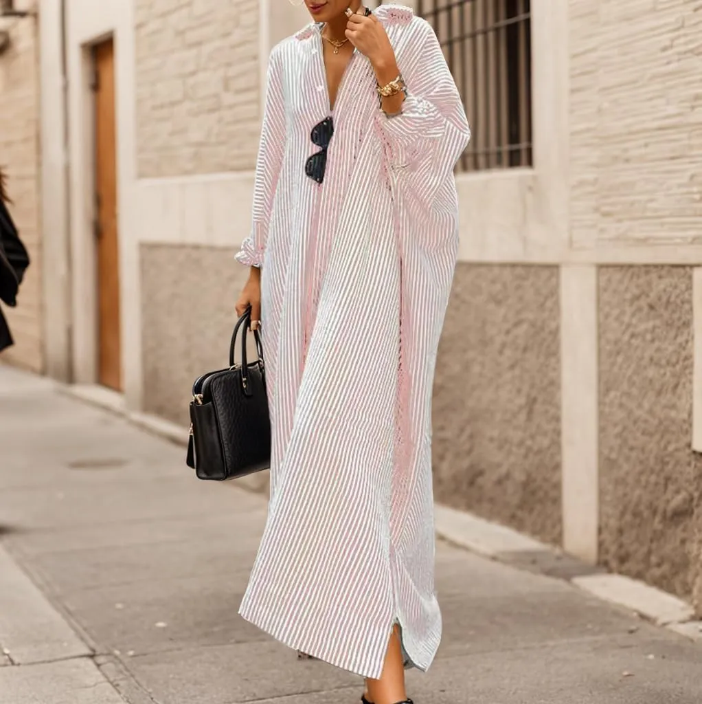 Womens Linen Maxi Dress Striped Button Down Shirt Dresses Casual Oversized Loose Fit Shirt Beach Vacation Dresses