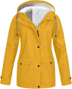 Women's Plus Size Fleece Lined Jacket Waterproof Windproof Snow Ski Hooded Raincoats Outdoor Lightweight Trench Coat