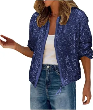 Women's Prom Sequin Jacket, Fashion Full Zip Shiny Sparkly Bomber Jackets Long Sleeve Comfy Party Clubwear Crop Coat