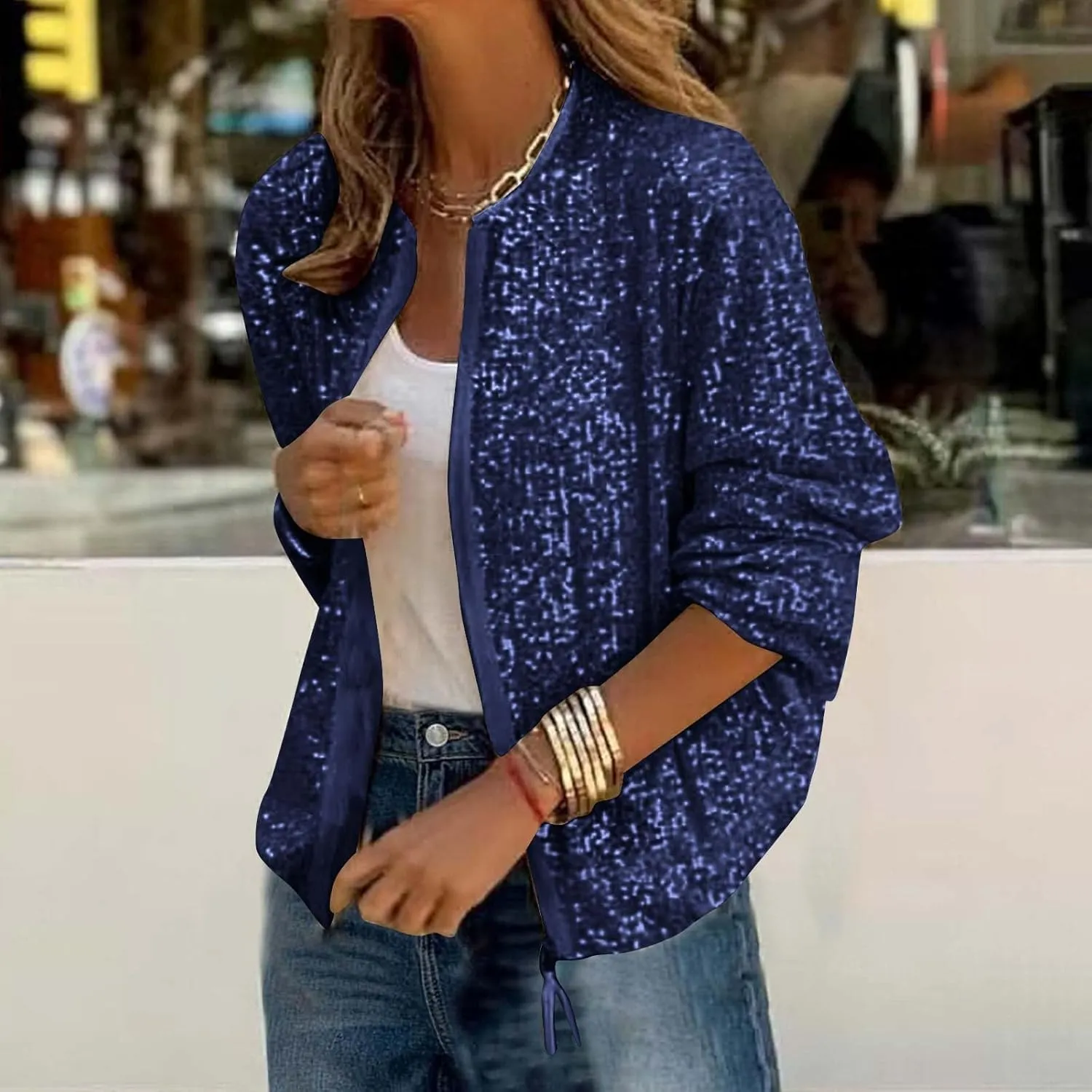 Women's Prom Sequin Jacket, Fashion Full Zip Shiny Sparkly Bomber Jackets Long Sleeve Comfy Party Clubwear Crop Coat