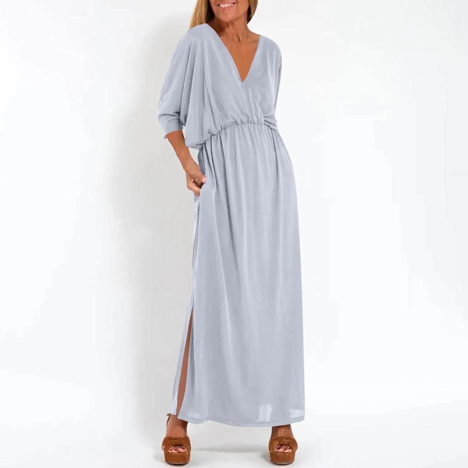 Women's Summer 3/4 Sleeve Maxi Dress Casual High Waist Side Split Wrap V Neck Beach Party Long Dresses with Pockets