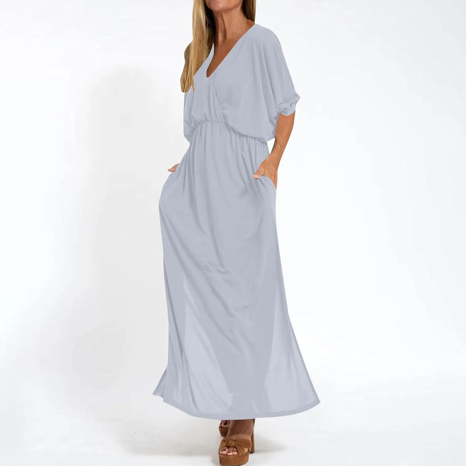 Women's Summer 3/4 Sleeve Maxi Dress Casual High Waist Side Split Wrap V Neck Beach Party Long Dresses with Pockets