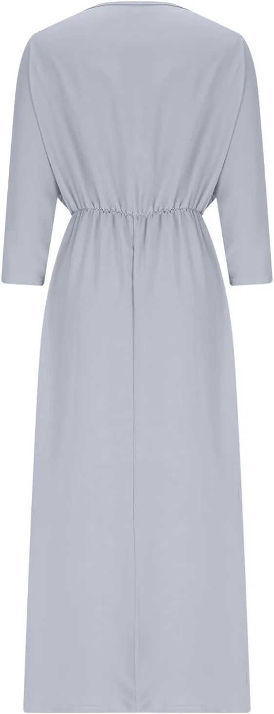 Women's Summer 3/4 Sleeve Maxi Dress Casual High Waist Side Split Wrap V Neck Beach Party Long Dresses with Pockets