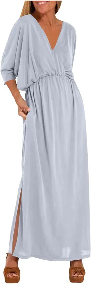 Women's Summer 3/4 Sleeve Maxi Dress Casual High Waist Side Split Wrap V Neck Beach Party Long Dresses with Pockets