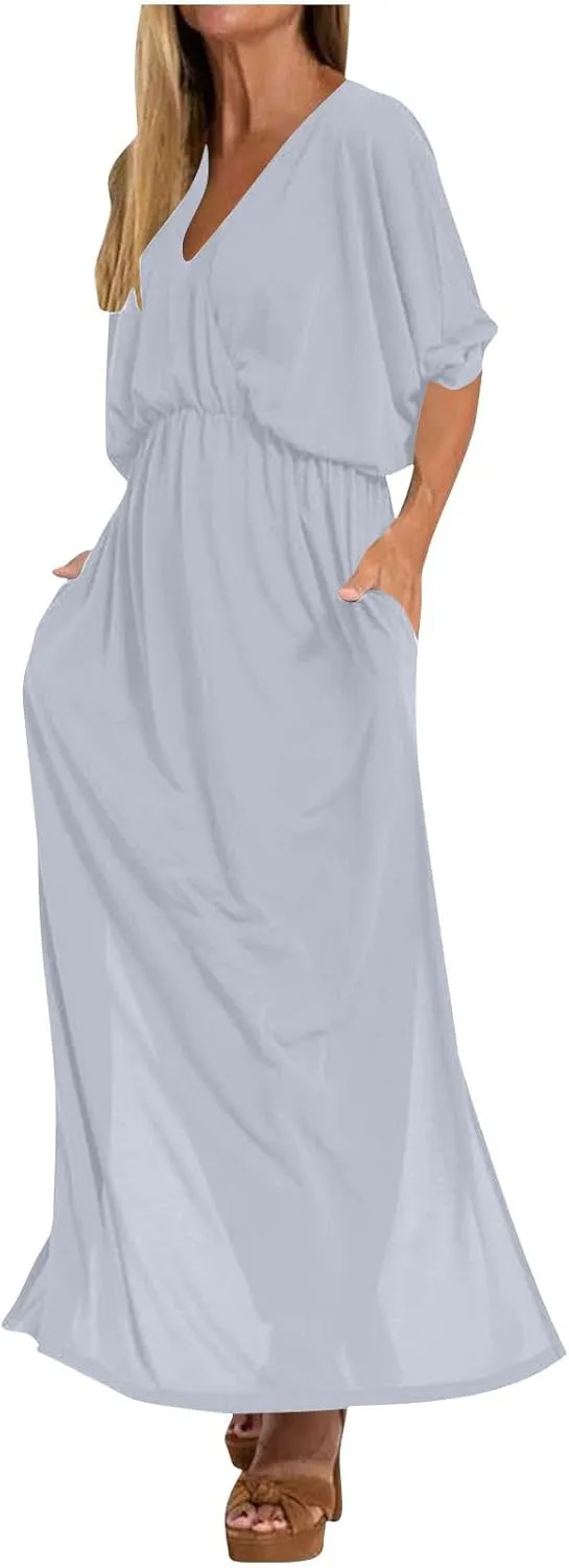 Women's Summer 3/4 Sleeve Maxi Dress Casual High Waist Side Split Wrap V Neck Beach Party Long Dresses with Pockets