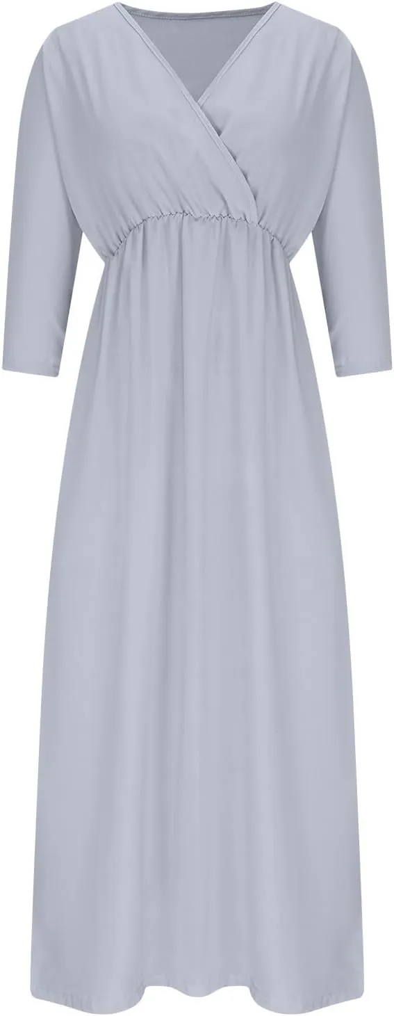 Women's Summer 3/4 Sleeve Maxi Dress Casual High Waist Side Split Wrap V Neck Beach Party Long Dresses with Pockets
